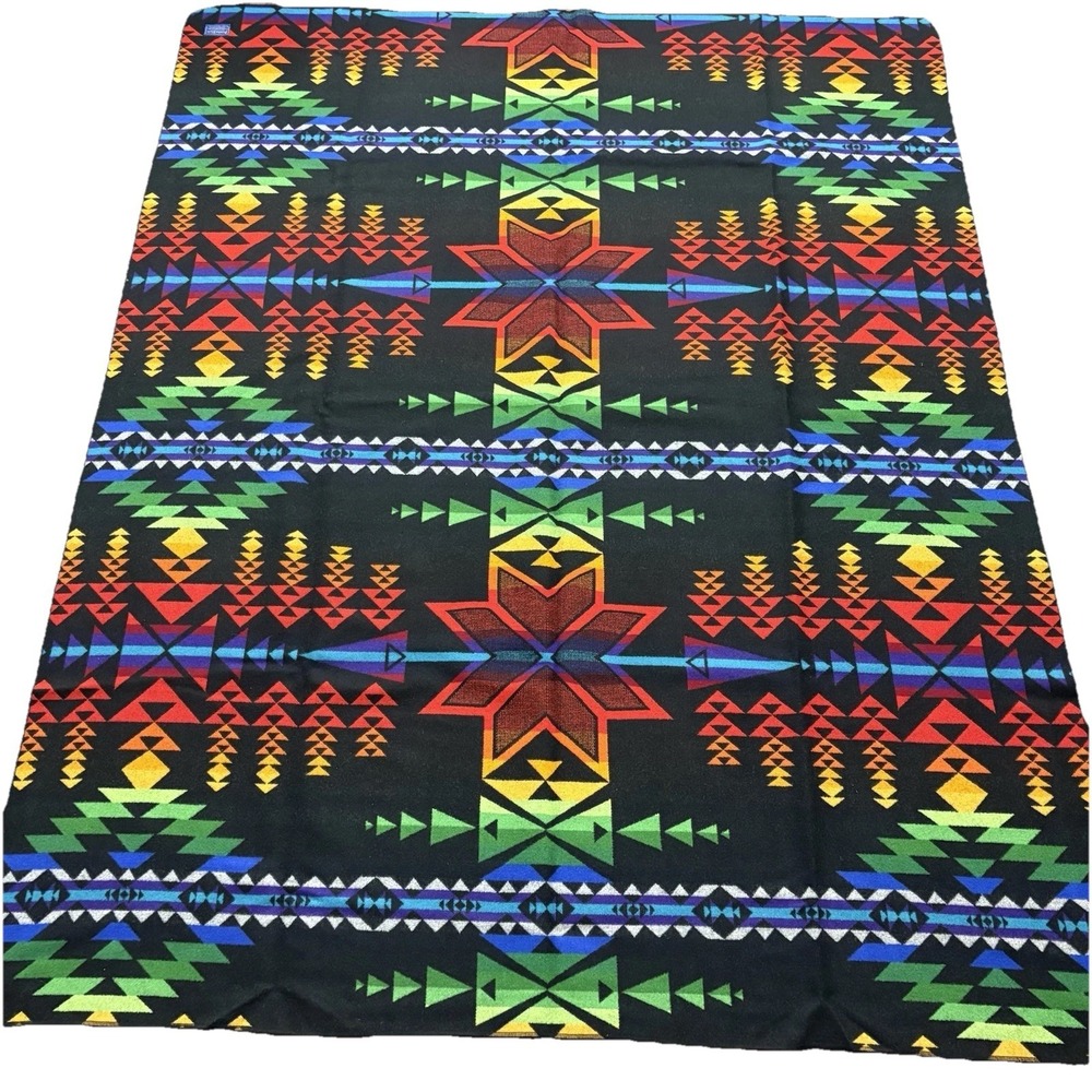 Pendleton Beaver State Wool Blanket Rainbow Geometric Black 64x80 Vintage